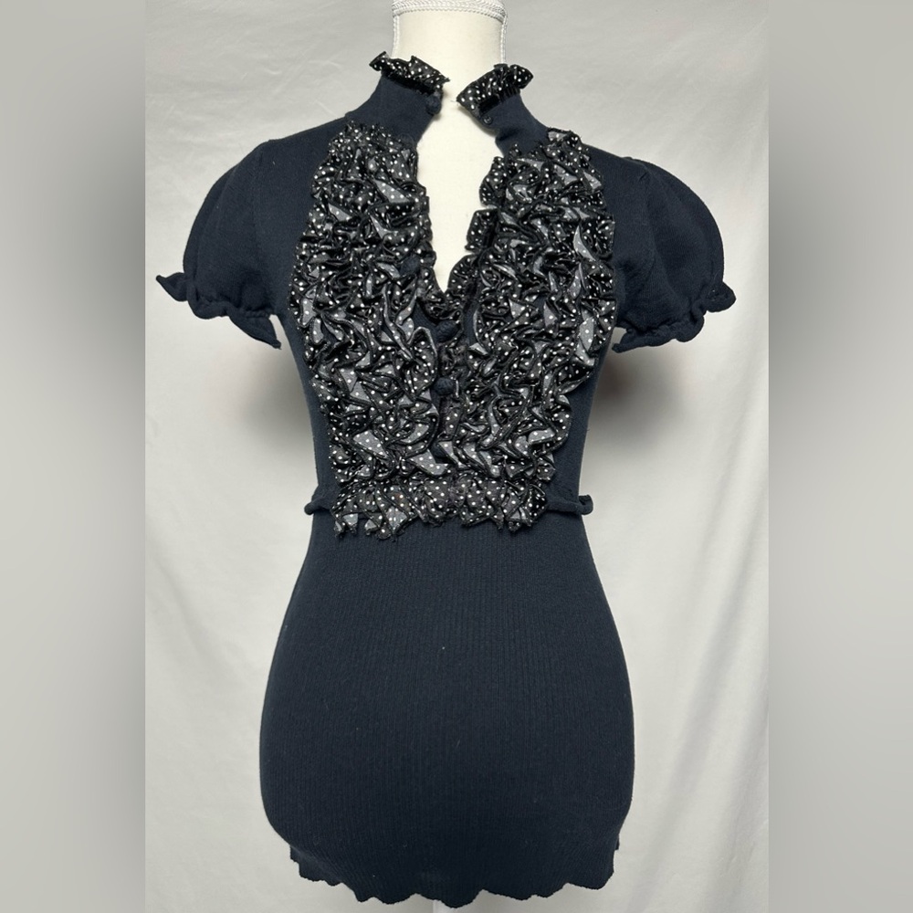 AAIKO Black Y2K Polka Dot Ruffle Collar‎ Puff Sleeve Short Sleeve Shirt Size S
